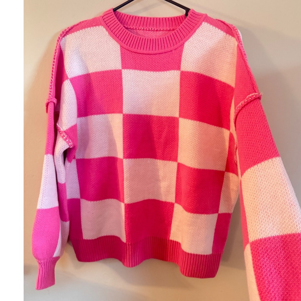 Pink White Checkered Oversize Knit Sweater Crew Neck Balloon Sleeve S NWOT SHEIN